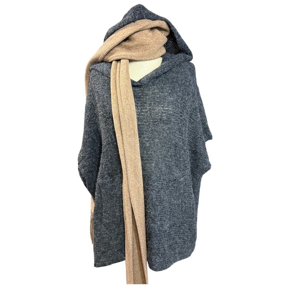 Vertigo S/M Hood Knit Poncho Sweater Vest Charcoal Gray Wool Oversized Cozy $220